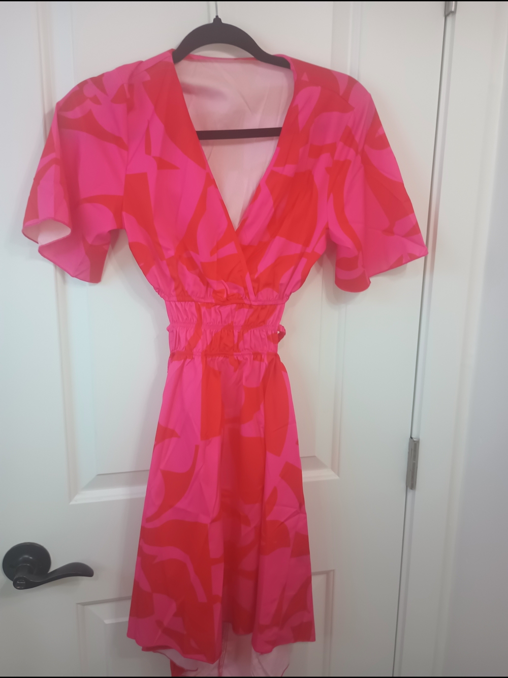 SHEIN Pink and Red V-Neck Flutter Midi Dress